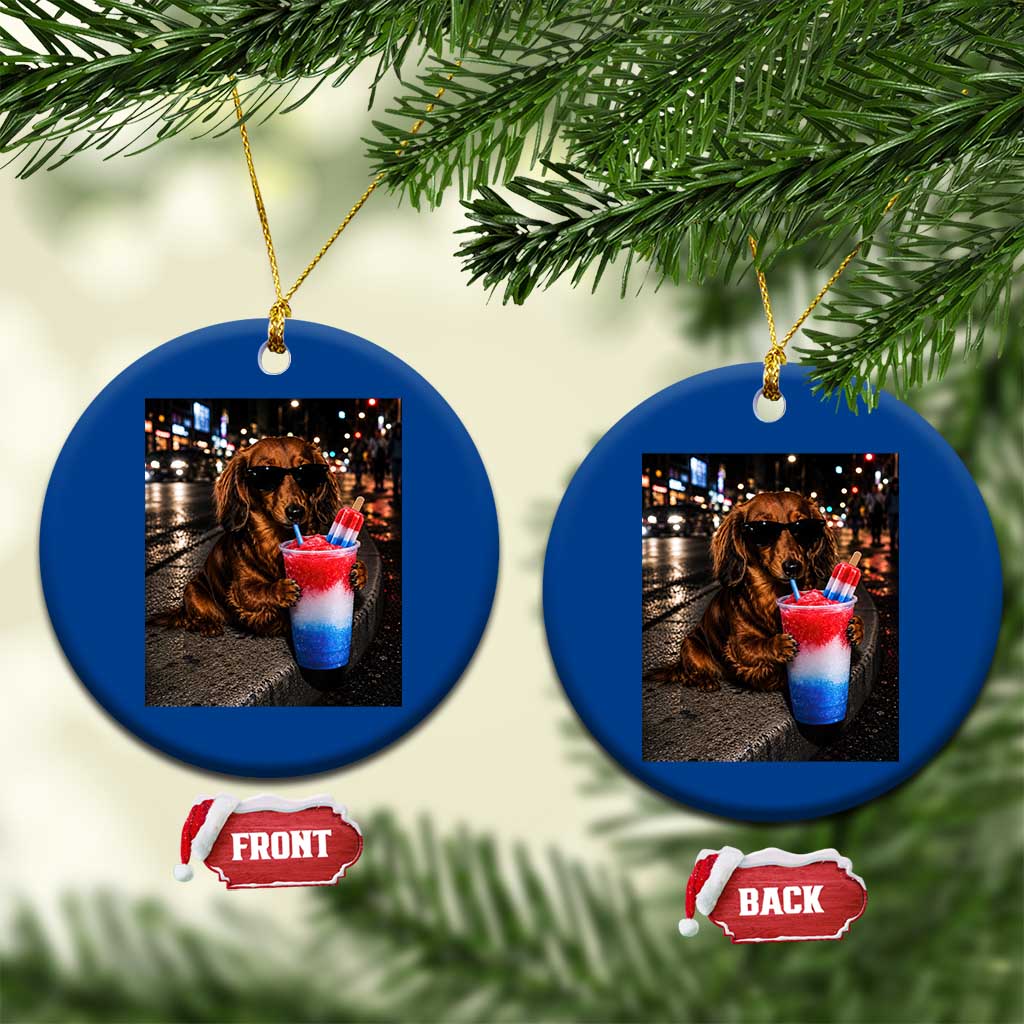 4th Of July Dachshund Drinking Slushie Ceramic Ornament Patriotic 250 Anniversary USA Dog Lovers Funny Meme