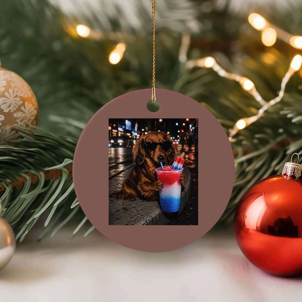 4th Of July Dachshund Drinking Slushie Ceramic Ornament Patriotic 250 Anniversary USA Dog Lovers Funny Meme