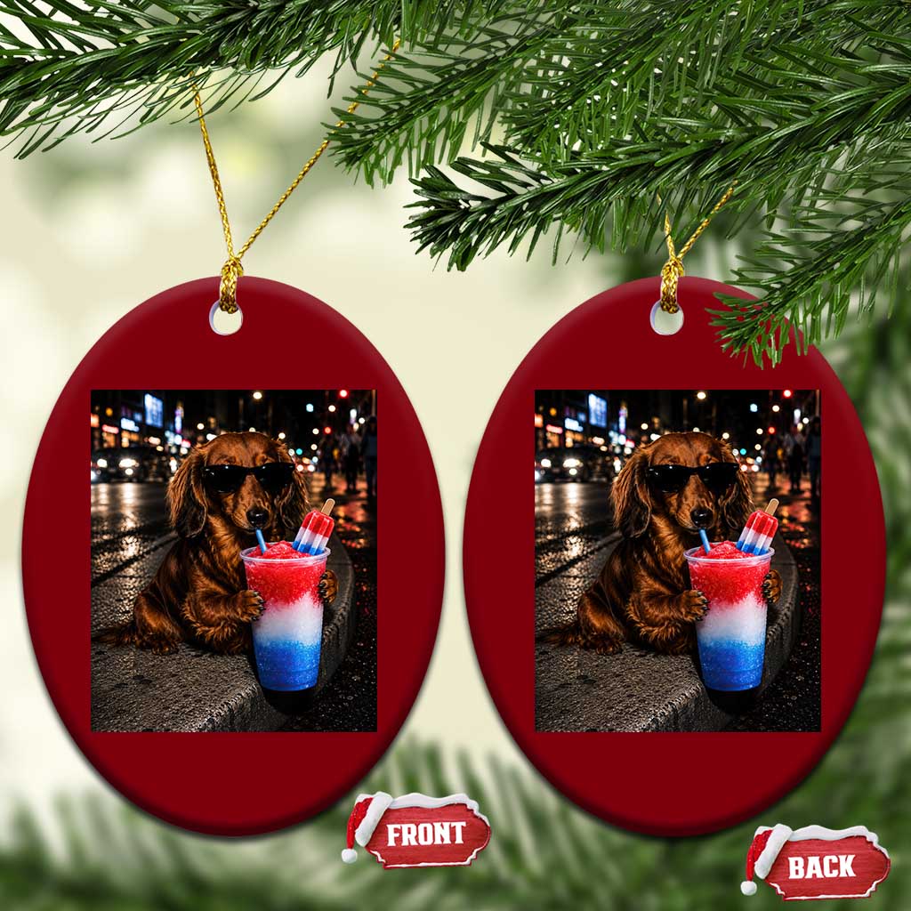 4th Of July Dachshund Drinking Slushie Ceramic Ornament Patriotic 250 Anniversary USA Dog Lovers Funny Meme