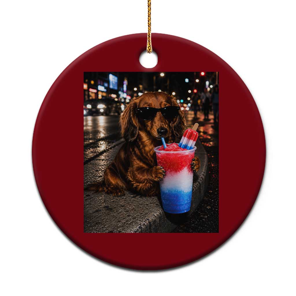4th Of July Dachshund Drinking Slushie Ceramic Ornament Patriotic 250 Anniversary USA Dog Lovers Funny Meme