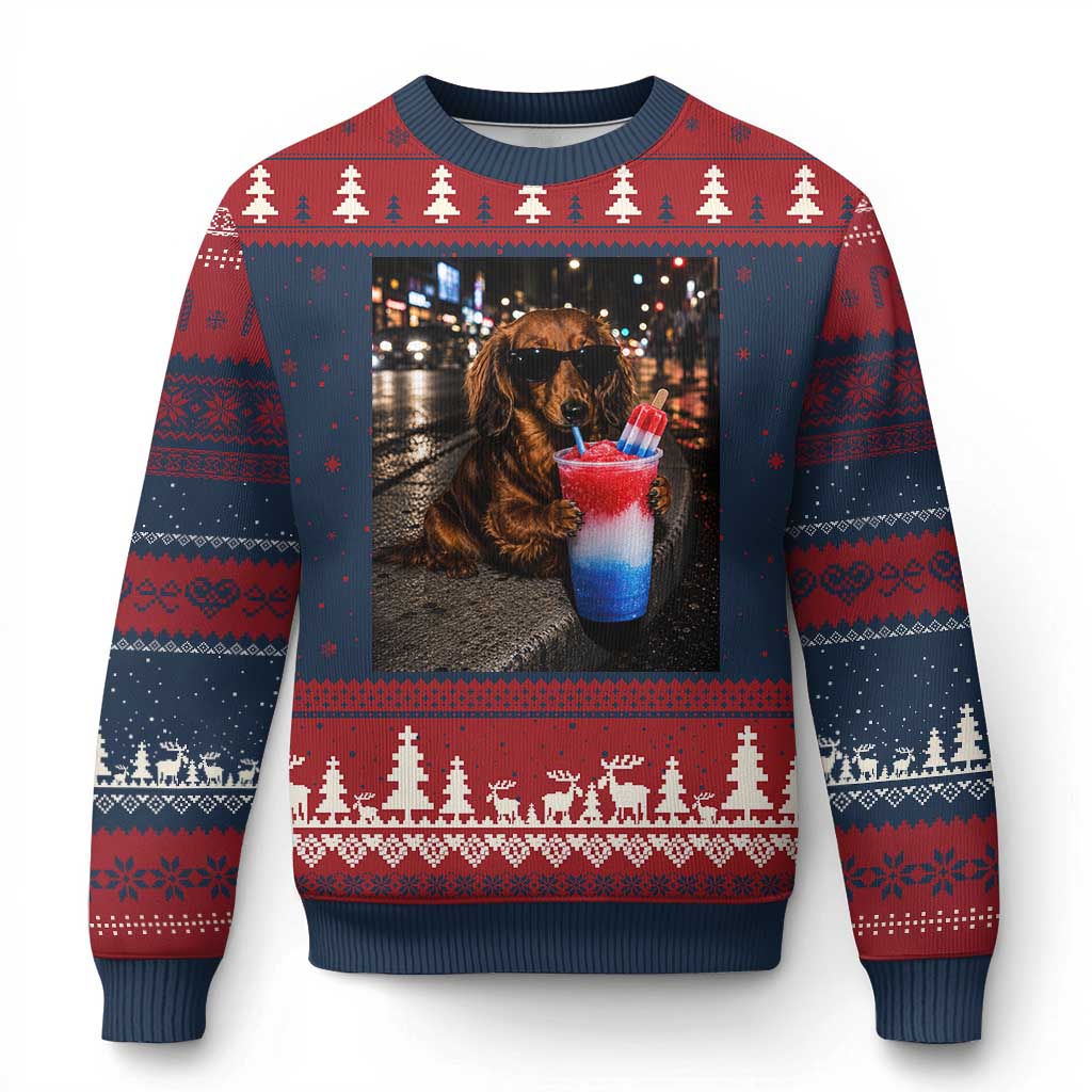 4th Of July Dachshund Drinking Slushie Ugly Christmas Sweater Patriotic 250 Anniversary USA Dog Lovers Funny Meme TS10 Navy Red Print Your Wear