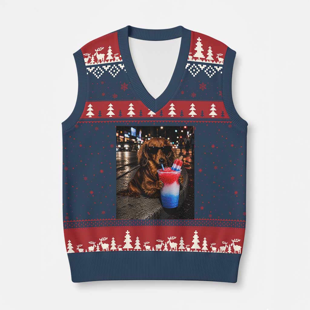 4th Of July Dachshund Drinking Slushie V-Neck Knit Sweater Vest Patriotic 250 Anniversary USA Dog Lovers Funny Meme TS10 Navy Red Print Your Wear