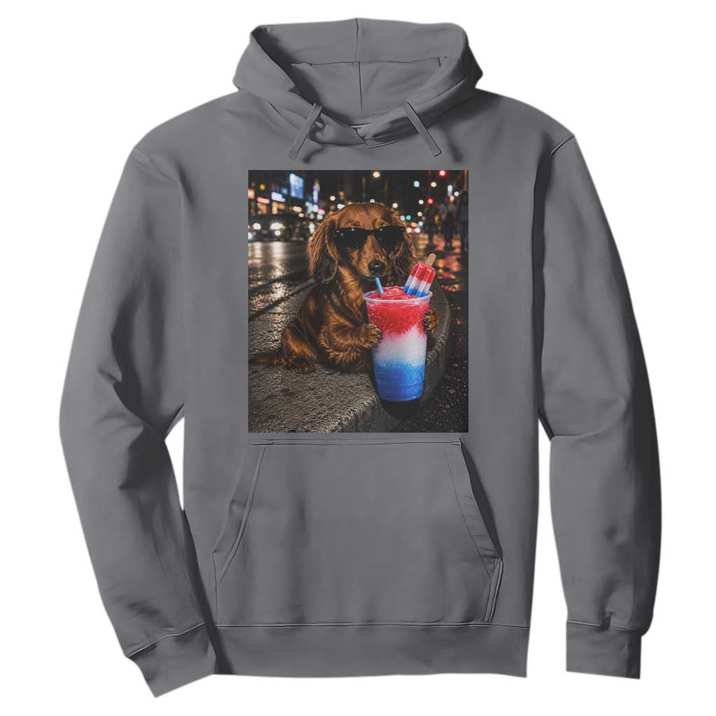 4th Of July Dachshund Drinking Slushie Hoodie Patriotic 250 Anniversary USA Dog Lovers Funny Meme
