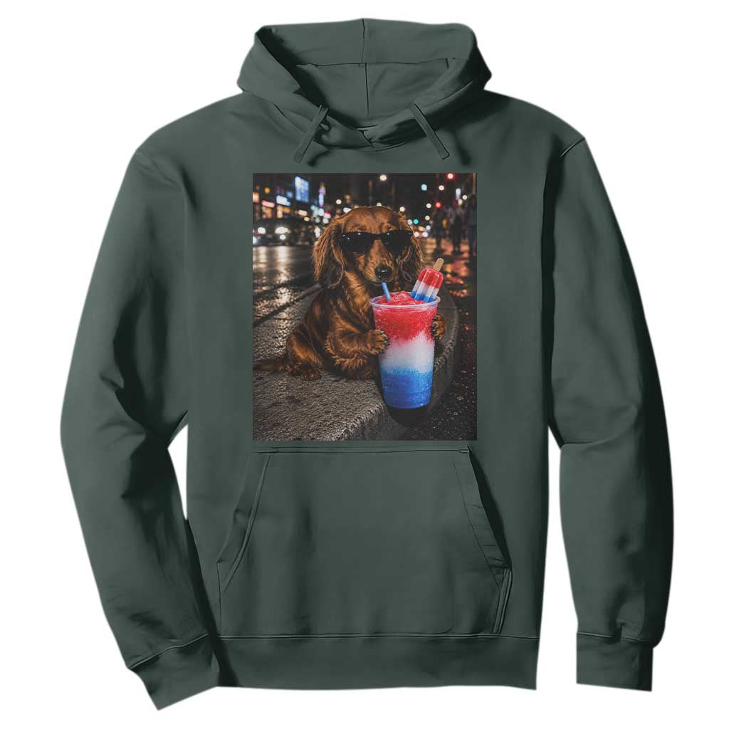 4th Of July Dachshund Drinking Slushie Hoodie Patriotic 250 Anniversary USA Dog Lovers Funny Meme