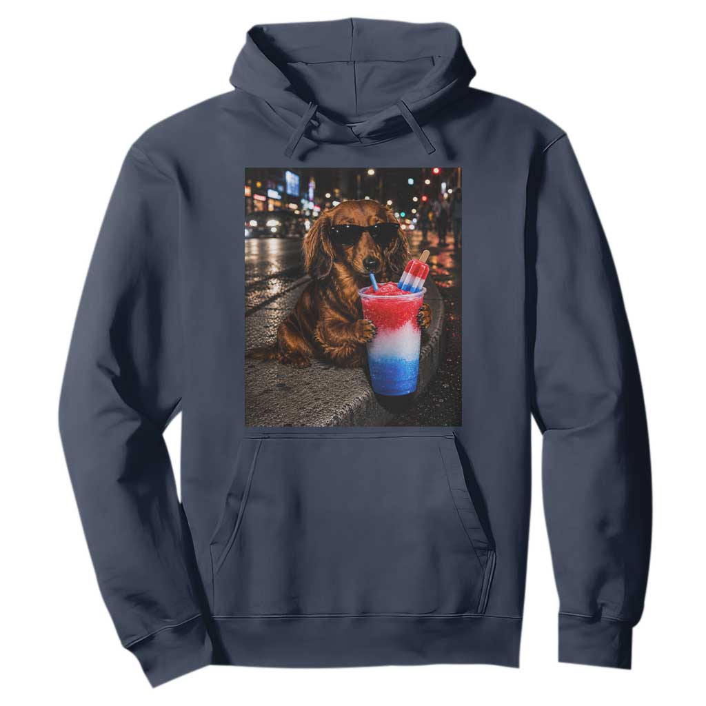 4th Of July Dachshund Drinking Slushie Hoodie Patriotic 250 Anniversary USA Dog Lovers Funny Meme