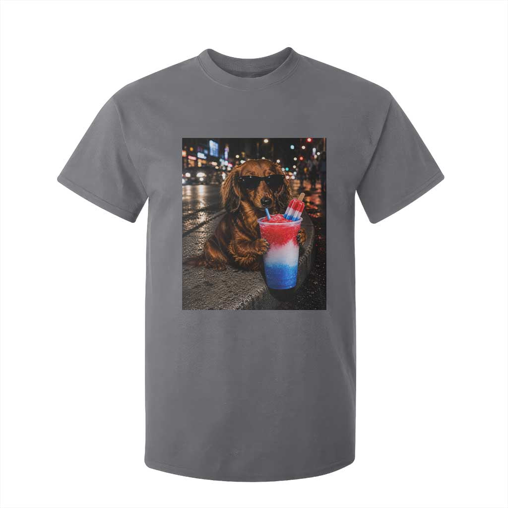 4th Of July Dachshund Drinking Slushie T Shirt For Kid Patriotic 250 Anniversary USA Dog Lovers Funny Meme