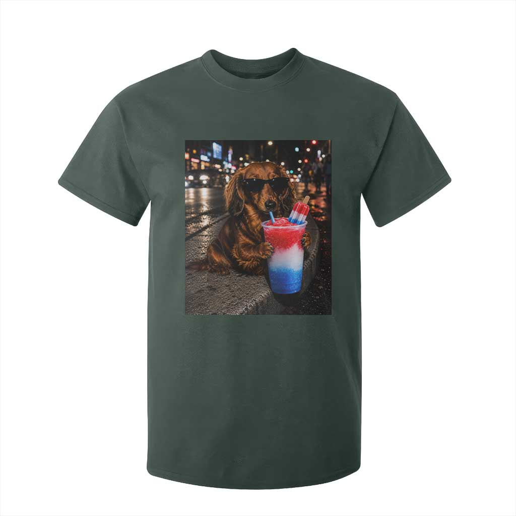 4th Of July Dachshund Drinking Slushie T Shirt For Kid Patriotic 250 Anniversary USA Dog Lovers Funny Meme
