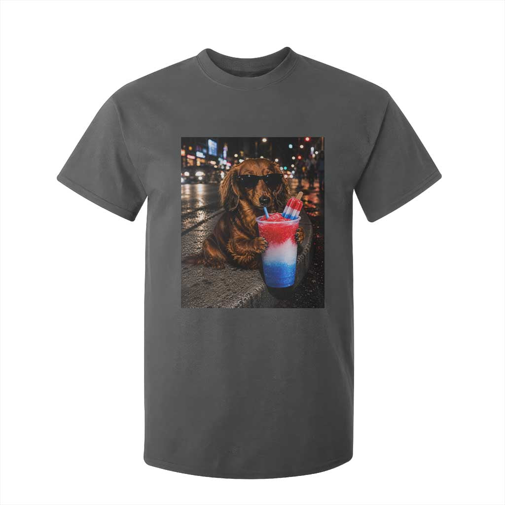 4th Of July Dachshund Drinking Slushie T Shirt For Kid Patriotic 250 Anniversary USA Dog Lovers Funny Meme