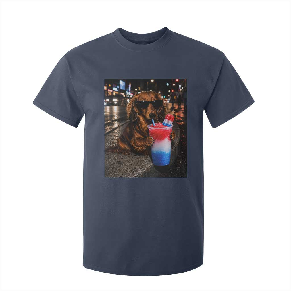 4th Of July Dachshund Drinking Slushie T Shirt For Kid Patriotic 250 Anniversary USA Dog Lovers Funny Meme