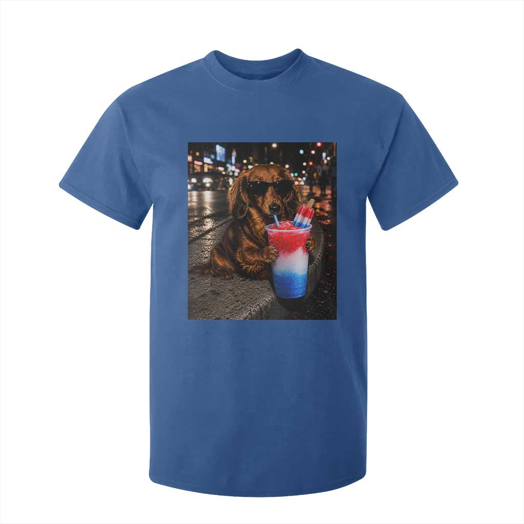 4th Of July Dachshund Drinking Slushie T Shirt For Kid Patriotic 250 Anniversary USA Dog Lovers Funny Meme