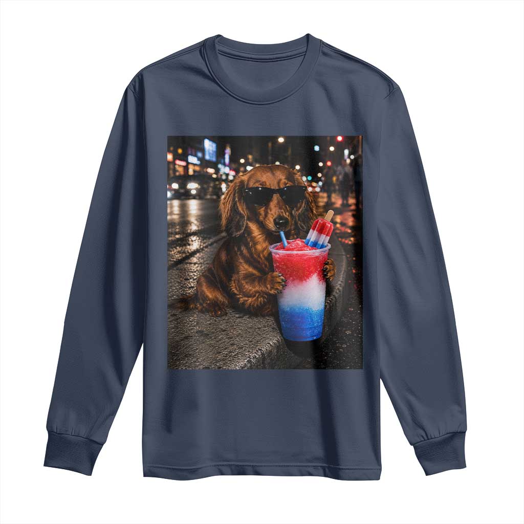 4th Of July Dachshund Drinking Slushie Long Sleeve Shirt Patriotic 250 Anniversary USA Dog Lovers Funny Meme