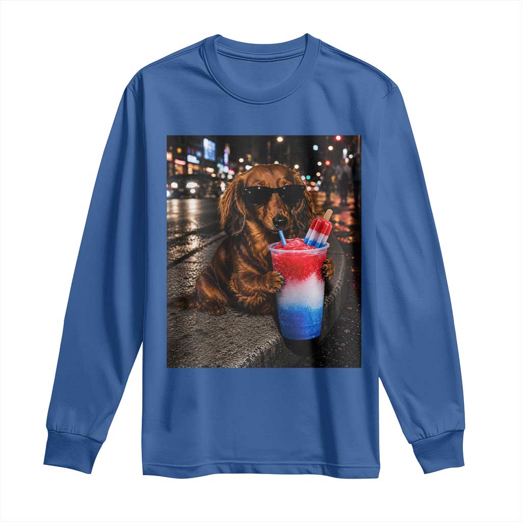 4th Of July Dachshund Drinking Slushie Long Sleeve Shirt Patriotic 250 Anniversary USA Dog Lovers Funny Meme