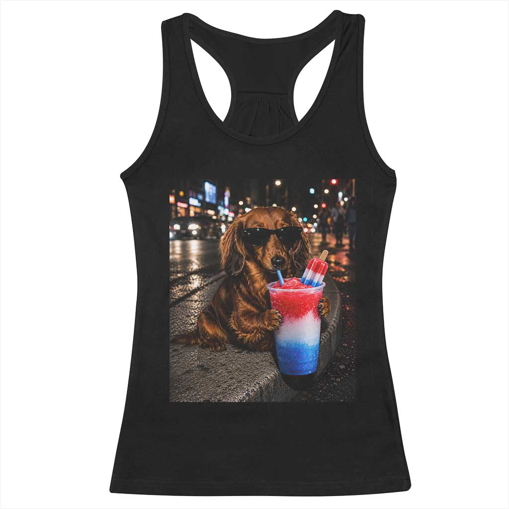 4th Of July Dachshund Drinking Slushie Racerback Tank Top Patriotic 250 Anniversary USA Dog Lovers Funny Meme TS10 Black Print Your Wear