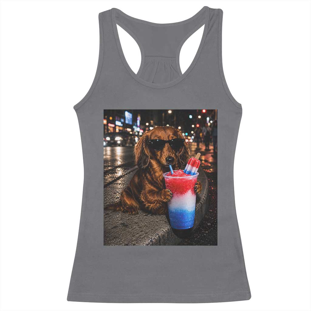 4th Of July Dachshund Drinking Slushie Racerback Tank Top Patriotic 250 Anniversary USA Dog Lovers Funny Meme