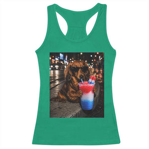4th Of July Dachshund Drinking Slushie Racerback Tank Top Patriotic 250 Anniversary USA Dog Lovers Funny Meme