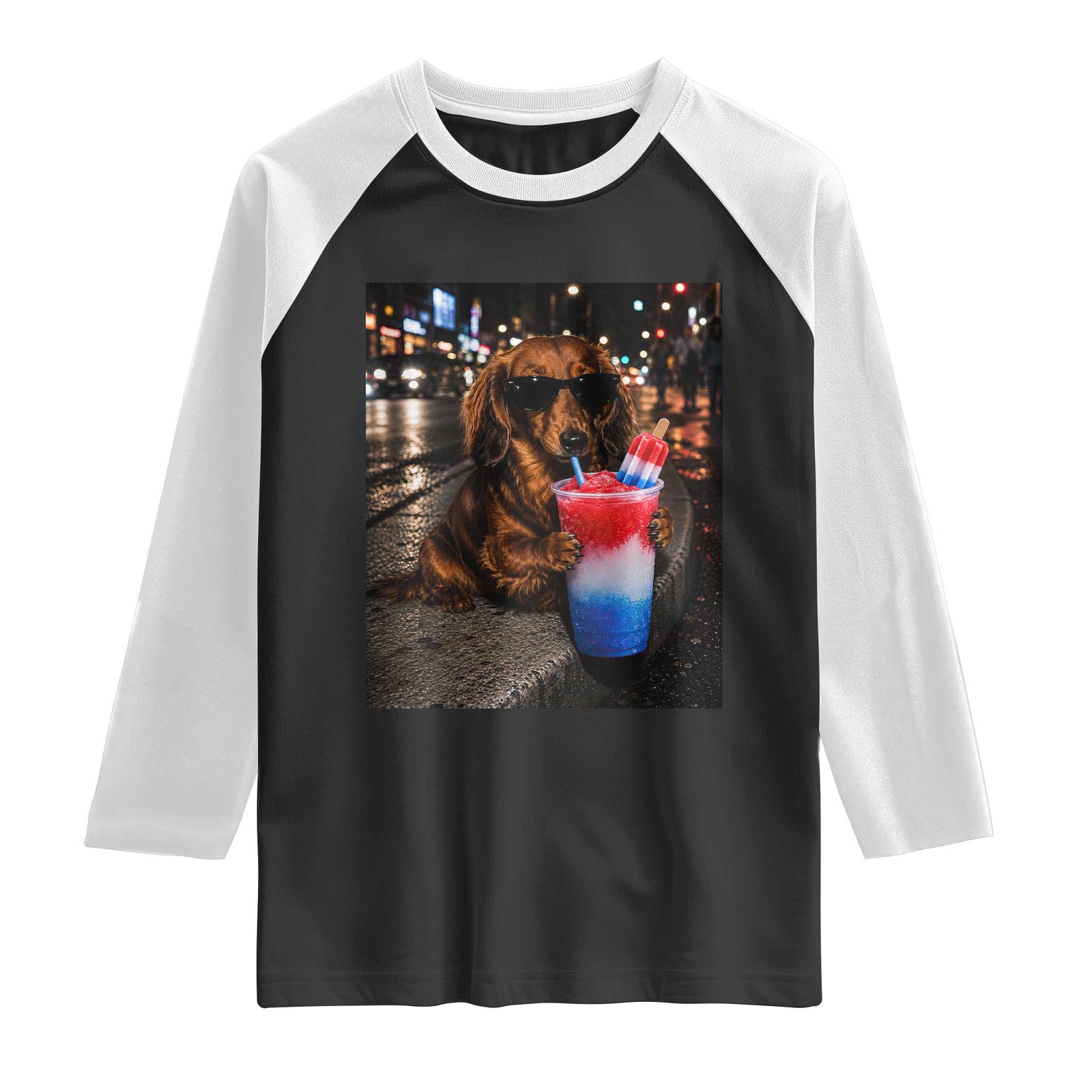 4th Of July Dachshund Drinking Slushie Raglan Shirt Patriotic 250 Anniversary USA Dog Lovers Funny Meme TS10 Black White Print Your Wear