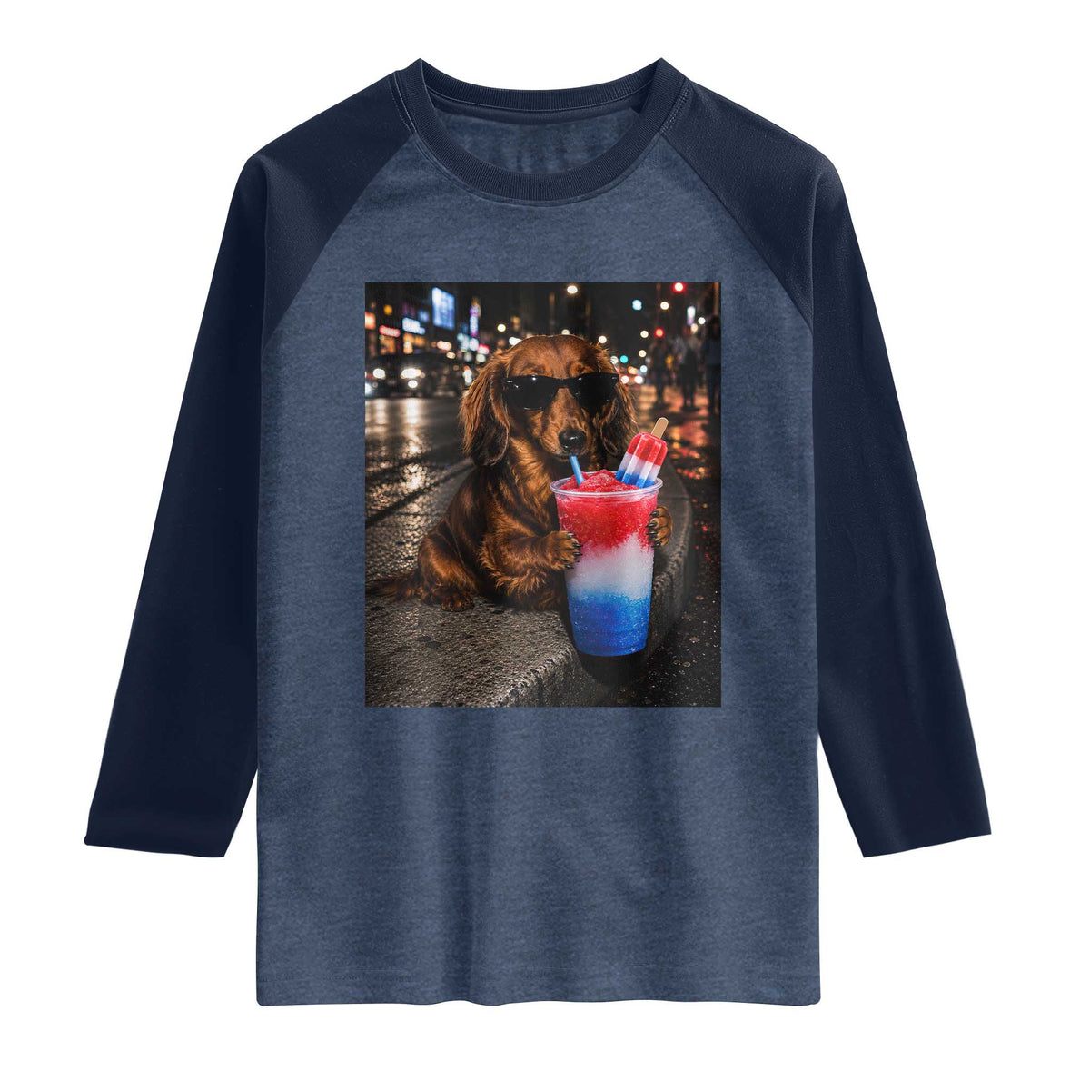 4th Of July Dachshund Drinking Slushie Raglan Shirt Patriotic 250 Anniversary USA Dog Lovers Funny Meme