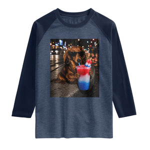 4th Of July Dachshund Drinking Slushie Raglan Shirt Patriotic 250 Anniversary USA Dog Lovers Funny Meme