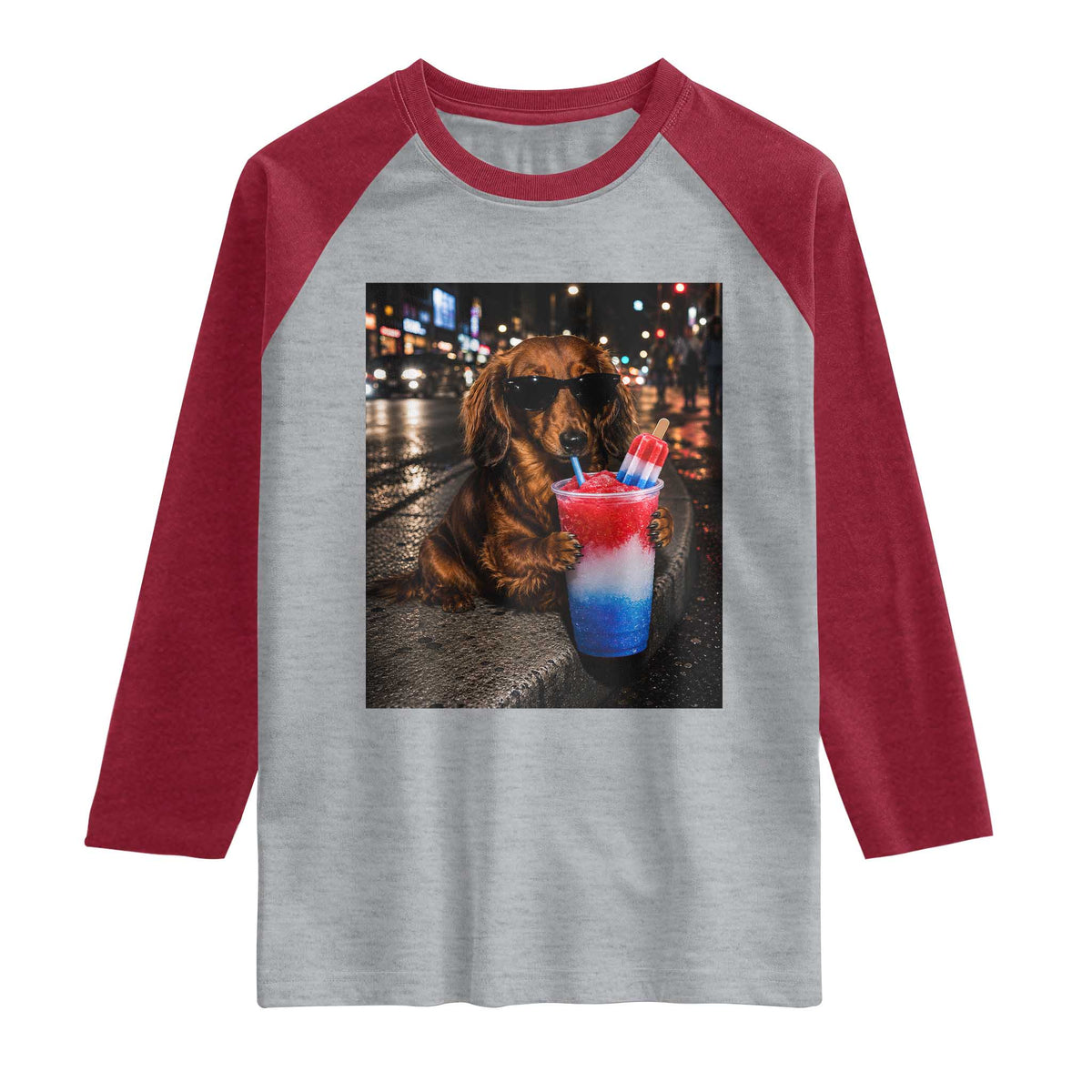 4th Of July Dachshund Drinking Slushie Raglan Shirt Patriotic 250 Anniversary USA Dog Lovers Funny Meme