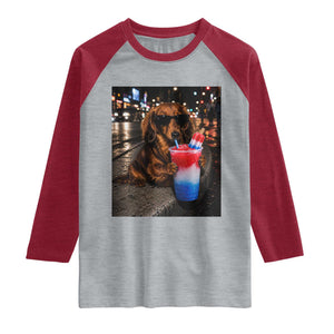 4th Of July Dachshund Drinking Slushie Raglan Shirt Patriotic 250 Anniversary USA Dog Lovers Funny Meme