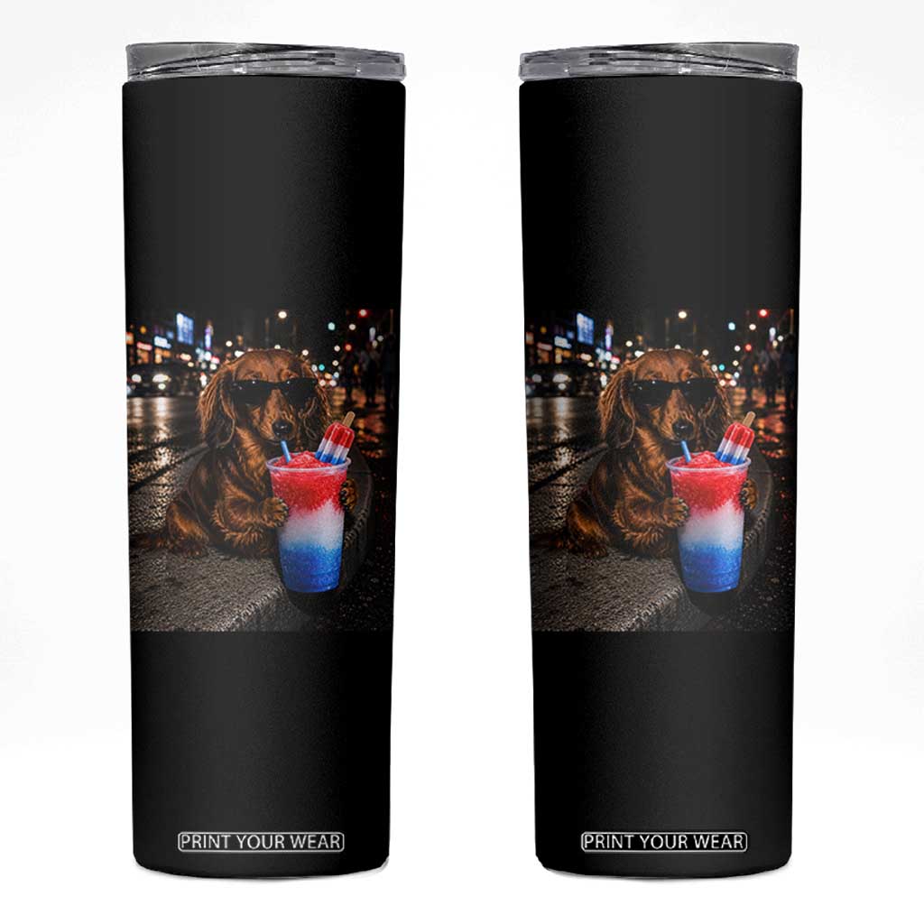 4th Of July Dachshund Drinking Slushie Skinny Tumbler Patriotic 250 Anniversary USA Dog Lovers Funny Meme