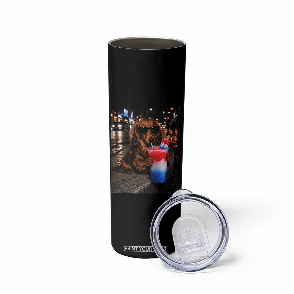 4th Of July Dachshund Drinking Slushie Skinny Tumbler Patriotic 250 Anniversary USA Dog Lovers Funny Meme