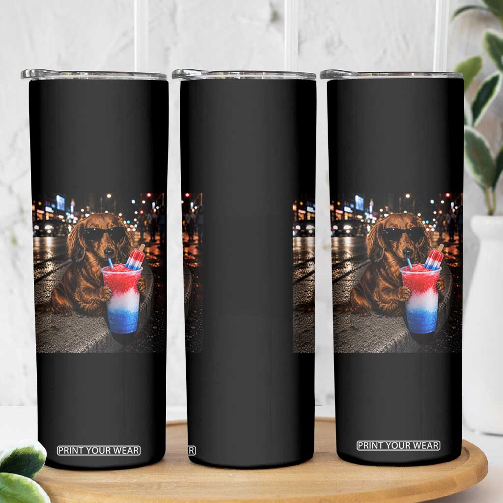 4th Of July Dachshund Drinking Slushie Skinny Tumbler Patriotic 250 Anniversary USA Dog Lovers Funny Meme