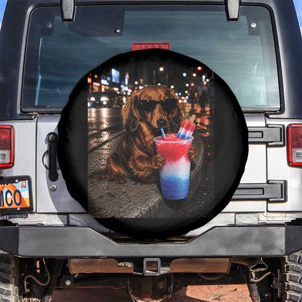 4th Of July Dachshund Drinking Slushie Spare Tire Cover Patriotic 250 Anniversary USA Dog Lovers Funny Meme TS10 No hole Black Print Your Wear