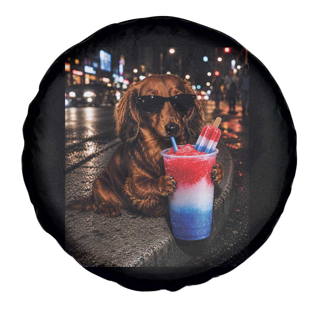 4th Of July Dachshund Drinking Slushie Spare Tire Cover Patriotic 250 Anniversary USA Dog Lovers Funny Meme