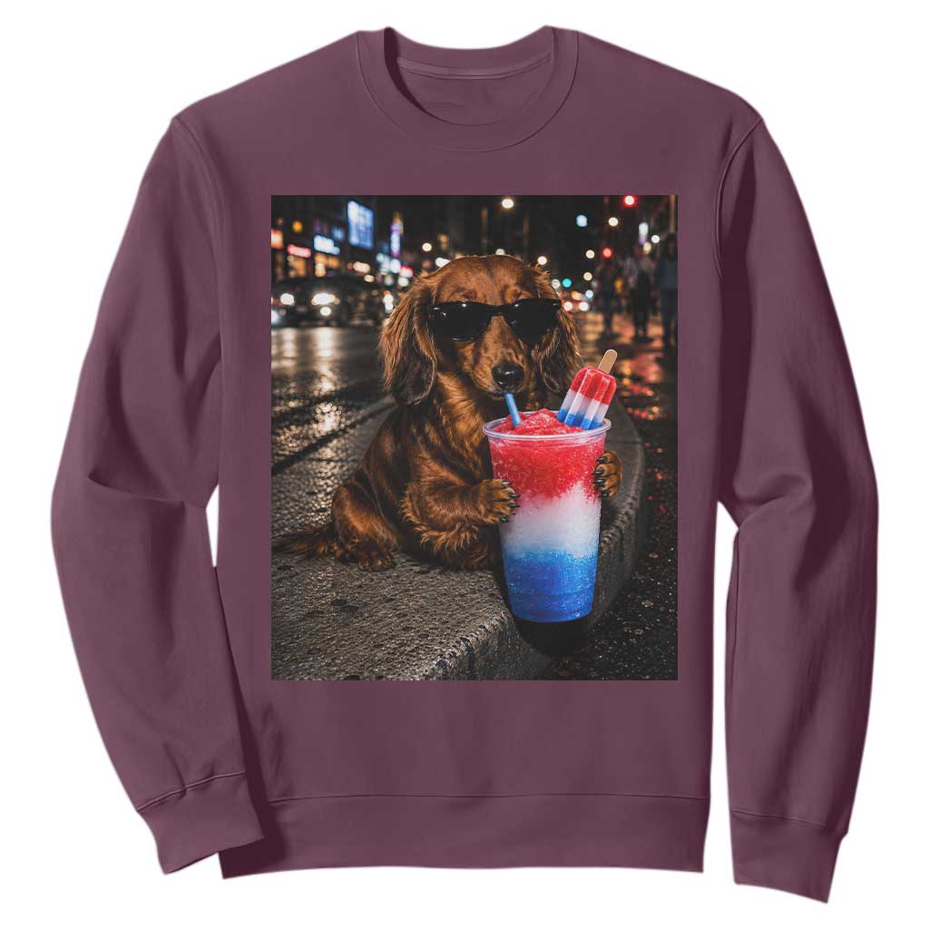 4th Of July Dachshund Drinking Slushie Sweatshirt Patriotic 250 Anniversary USA Dog Lovers Funny Meme