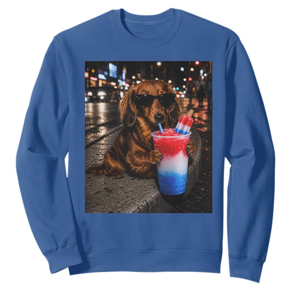 4th Of July Dachshund Drinking Slushie Sweatshirt Patriotic 250 Anniversary USA Dog Lovers Funny Meme