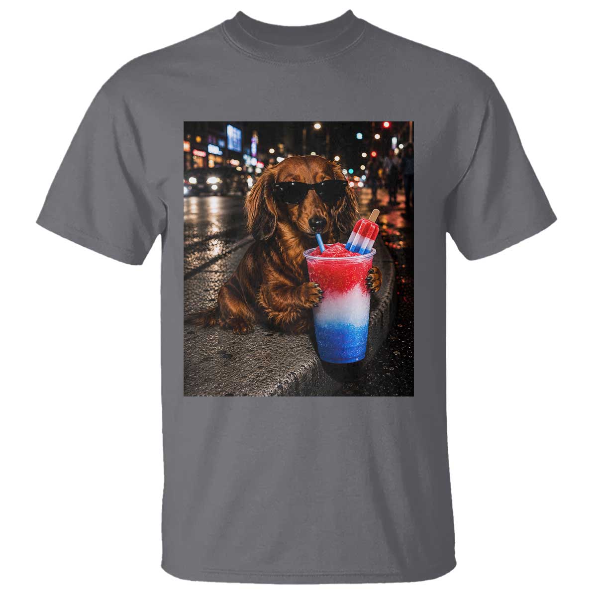 4th Of July Dachshund Drinking Slushie T Shirt Patriotic 250 Anniversary USA Dog Lovers Funny Meme TS10 Charcoal Print Your Wear