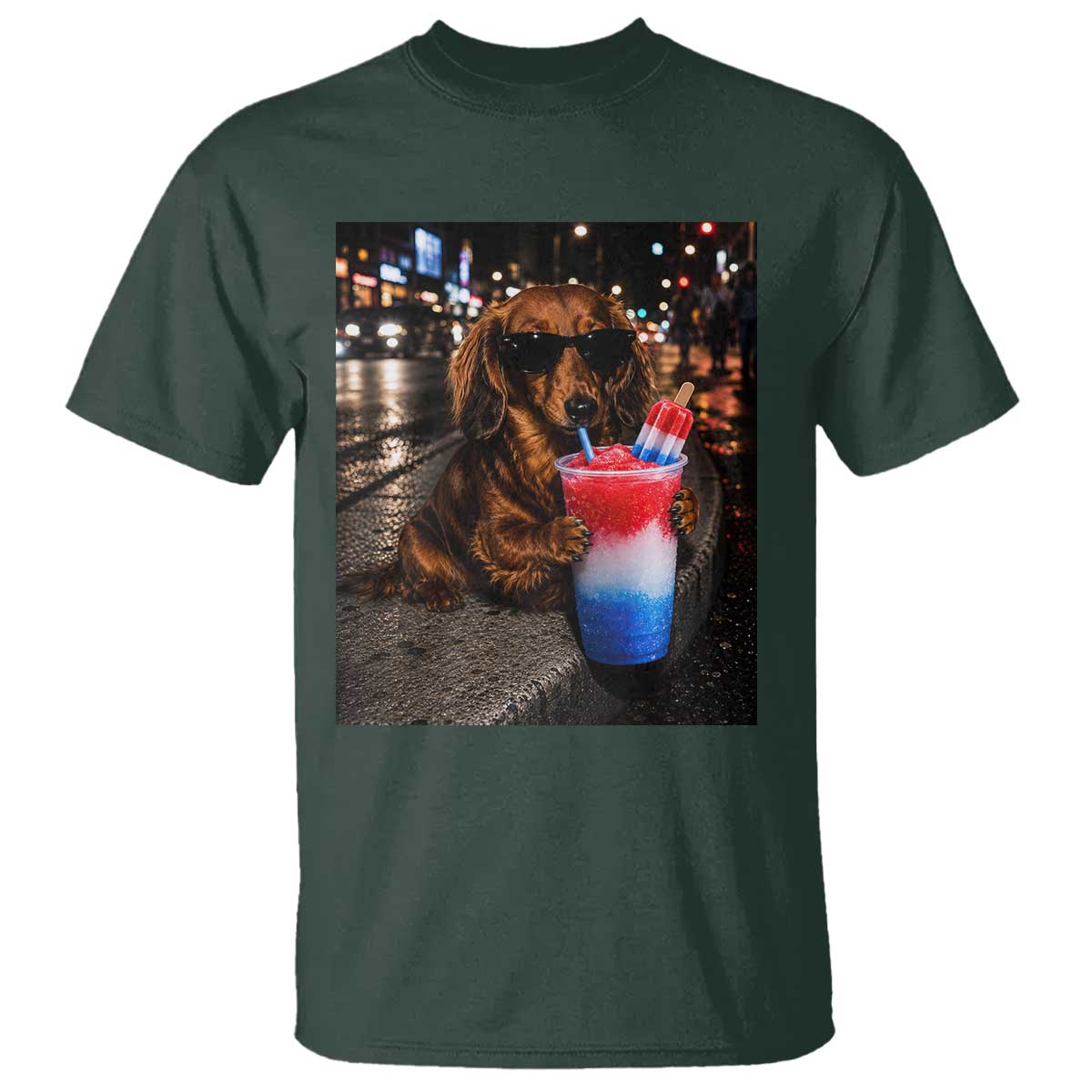 4th Of July Dachshund Drinking Slushie T Shirt Patriotic 250 Anniversary USA Dog Lovers Funny Meme TS10 Dark Forest Green Print Your Wear