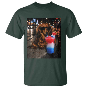 4th Of July Dachshund Drinking Slushie T Shirt Patriotic 250 Anniversary USA Dog Lovers Funny Meme TS10 Dark Forest Green Print Your Wear