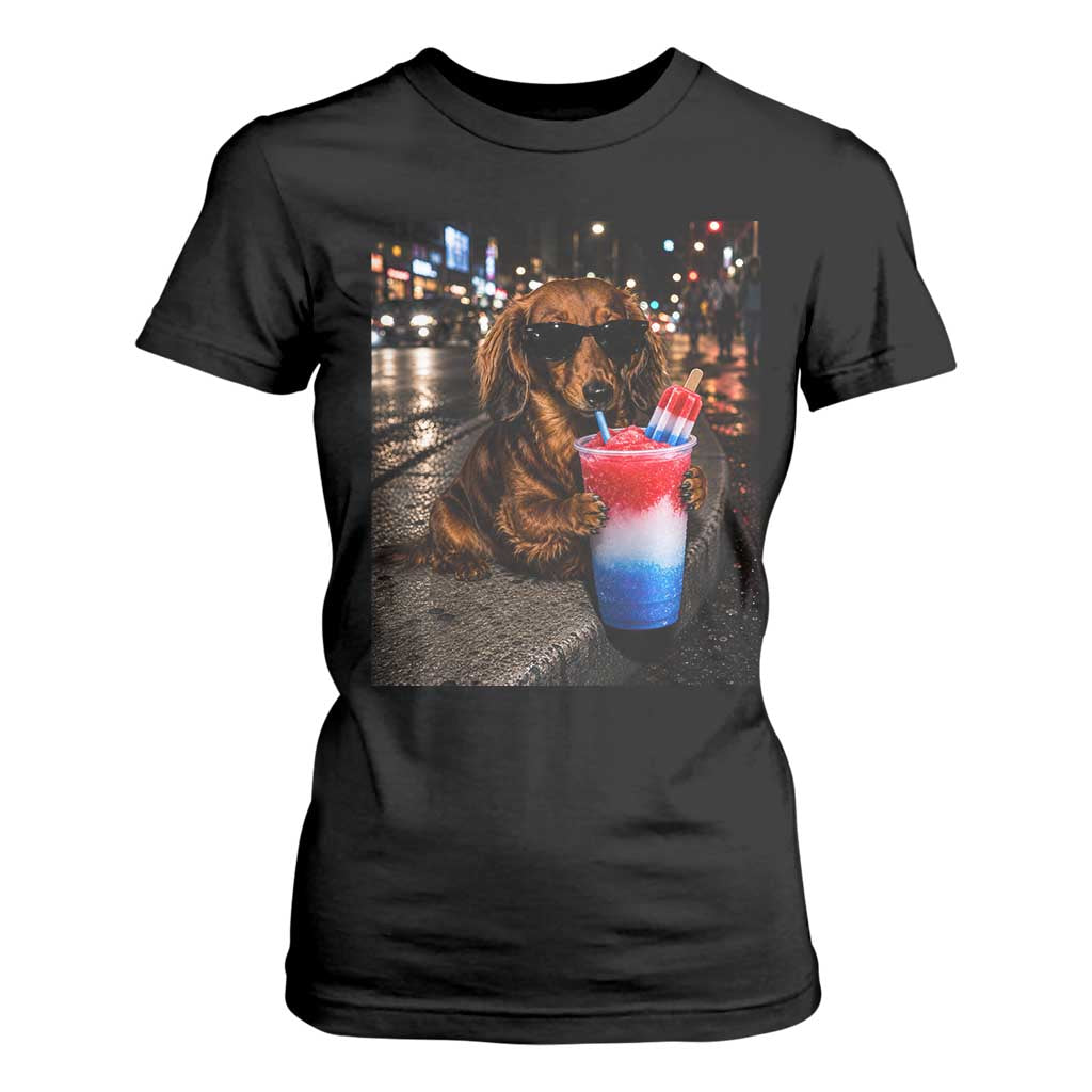 4th Of July Dachshund Drinking Slushie T Shirt For Women Patriotic 250 Anniversary USA Dog Lovers Funny Meme