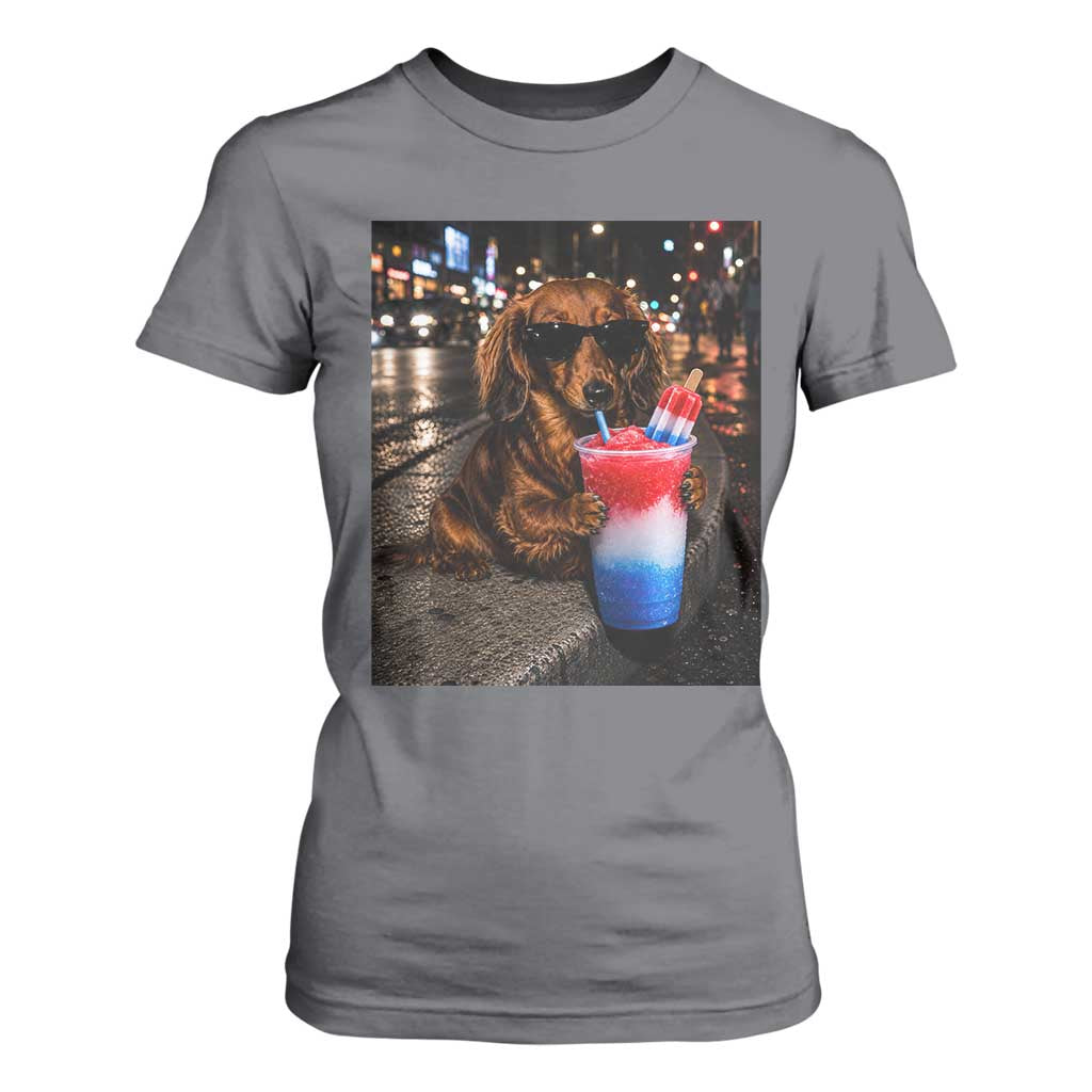 4th Of July Dachshund Drinking Slushie T Shirt For Women Patriotic 250 Anniversary USA Dog Lovers Funny Meme