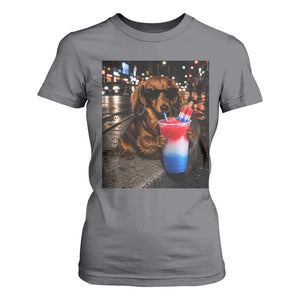4th Of July Dachshund Drinking Slushie T Shirt For Women Patriotic 250 Anniversary USA Dog Lovers Funny Meme