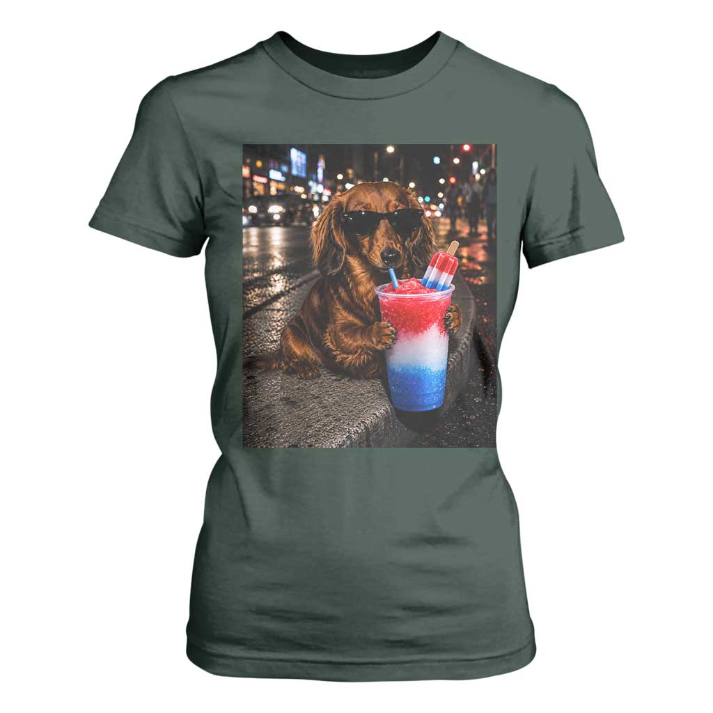 4th Of July Dachshund Drinking Slushie T Shirt For Women Patriotic 250 Anniversary USA Dog Lovers Funny Meme