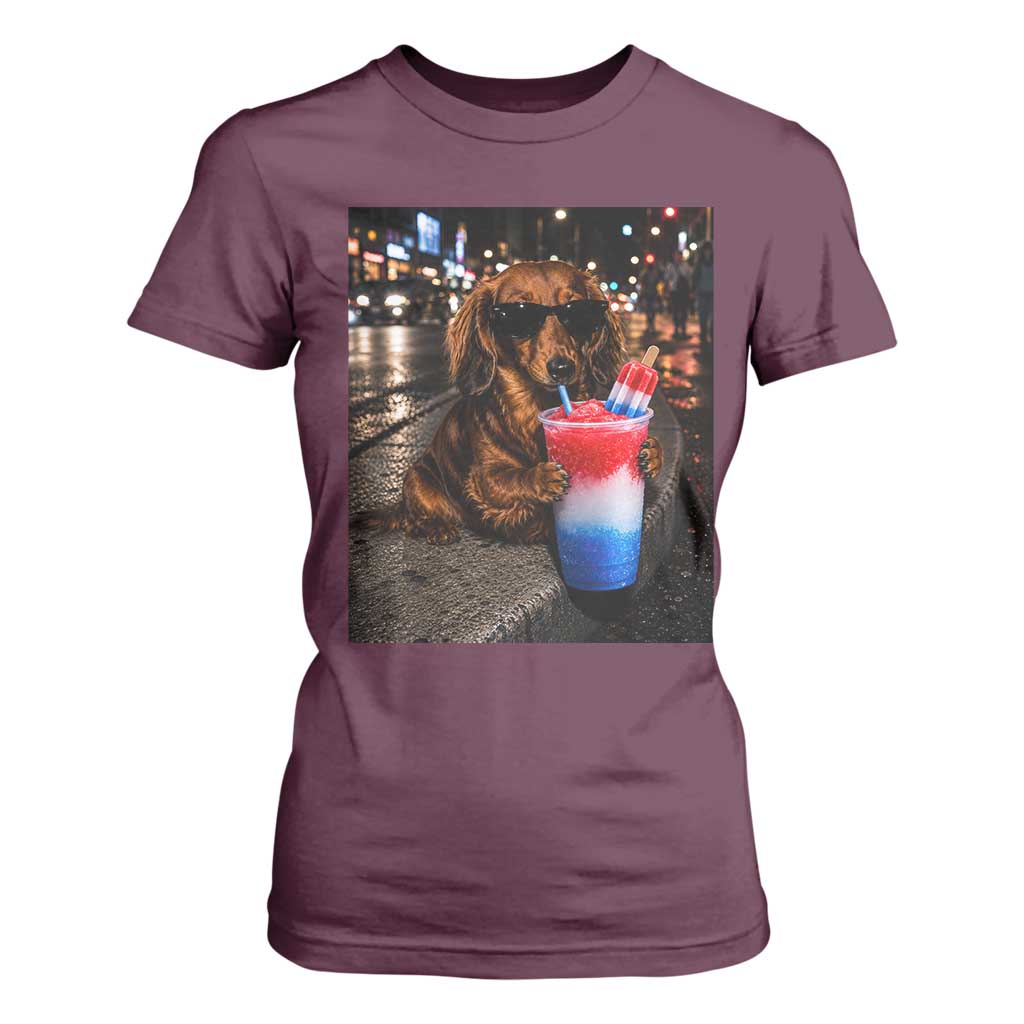 4th Of July Dachshund Drinking Slushie T Shirt For Women Patriotic 250 Anniversary USA Dog Lovers Funny Meme