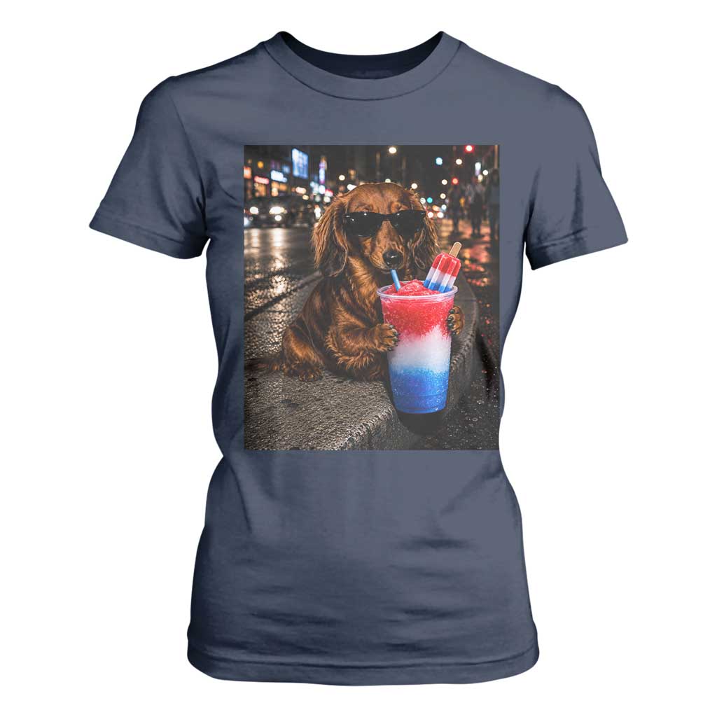 4th Of July Dachshund Drinking Slushie T Shirt For Women Patriotic 250 Anniversary USA Dog Lovers Funny Meme