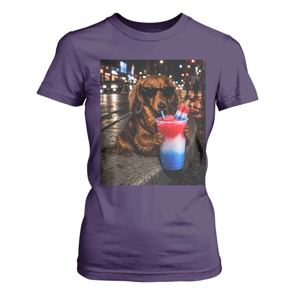 4th Of July Dachshund Drinking Slushie T Shirt For Women Patriotic 250 Anniversary USA Dog Lovers Funny Meme