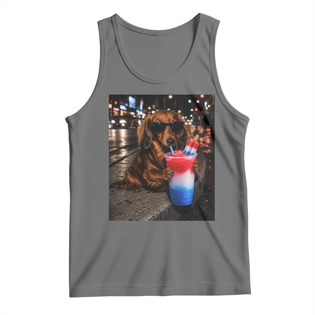 4th Of July Dachshund Drinking Slushie Tank Top Patriotic 250 Anniversary USA Dog Lovers Funny Meme TS10 Black Heather Print Your Wear