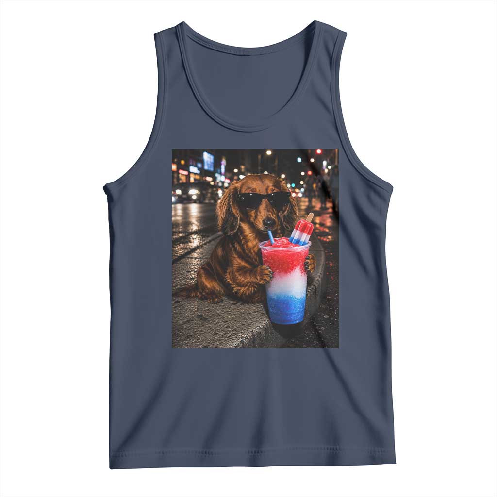 4th Of July Dachshund Drinking Slushie Tank Top Patriotic 250 Anniversary USA Dog Lovers Funny Meme TS10 Navy Print Your Wear