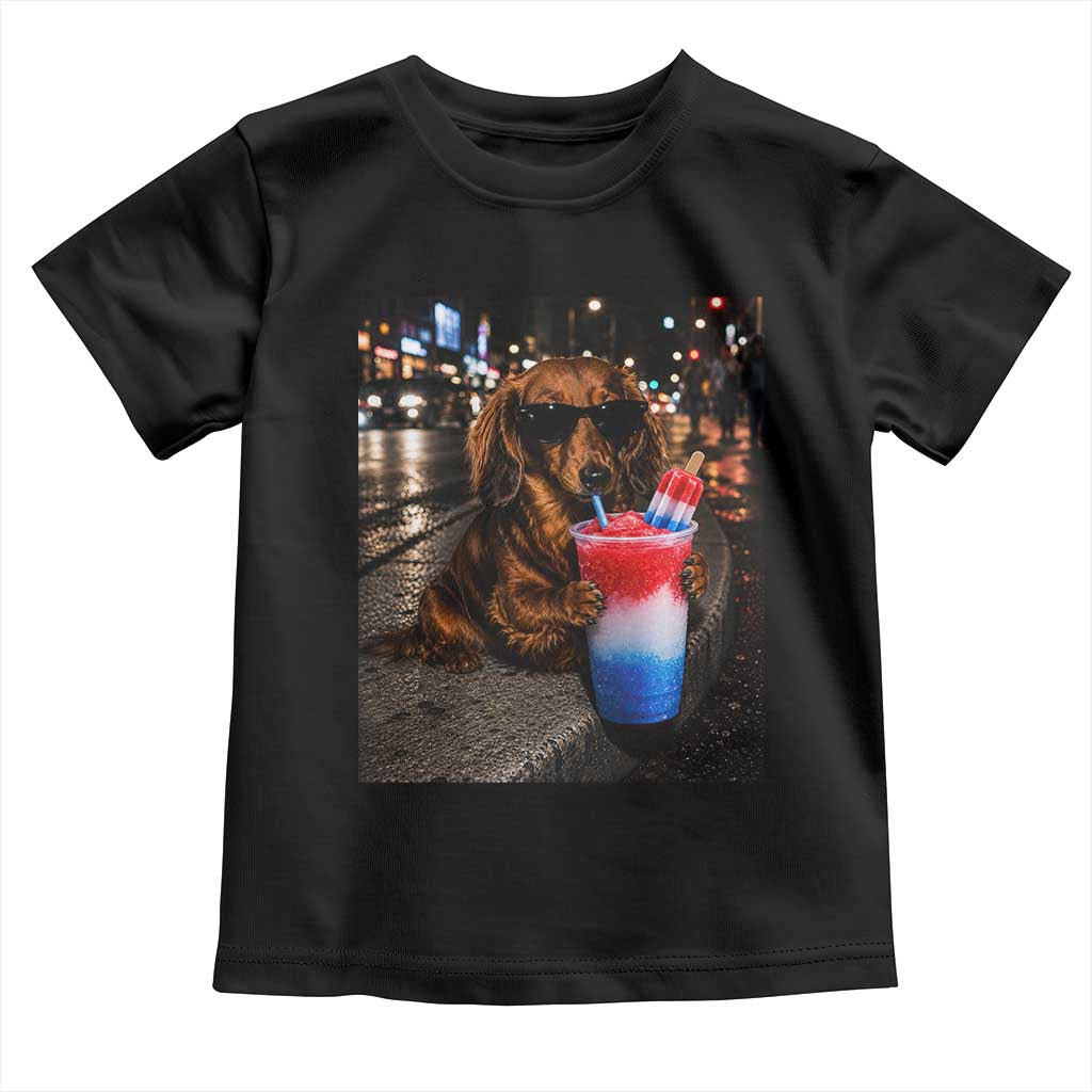 4th Of July Dachshund Drinking Slushie Toddler T Shirt Patriotic 250 Anniversary USA Dog Lovers Funny Meme