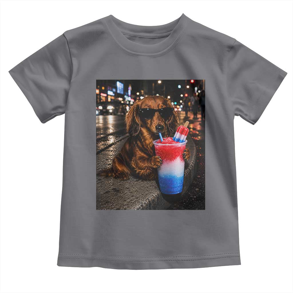 4th Of July Dachshund Drinking Slushie Toddler T Shirt Patriotic 250 Anniversary USA Dog Lovers Funny Meme