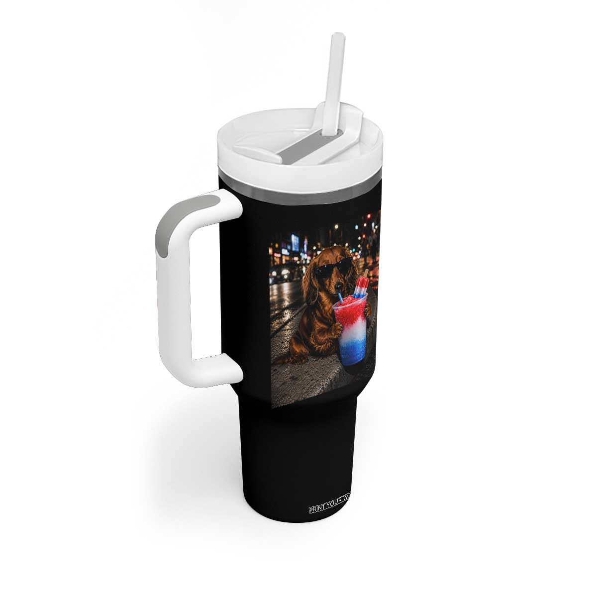 4th Of July Dachshund Drinking Slushie Tumbler With Handle Patriotic 250 Anniversary USA Dog Lovers Funny Meme