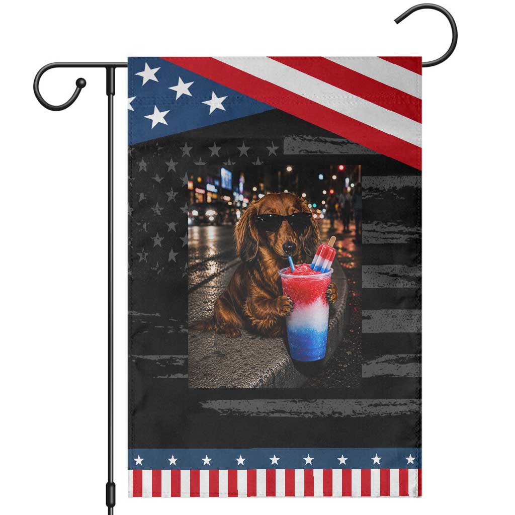 4th Of July Dachshund Drinking Slushie Patriotic Garden Flag 250 Anniversary USA Dog Lovers Funny Meme