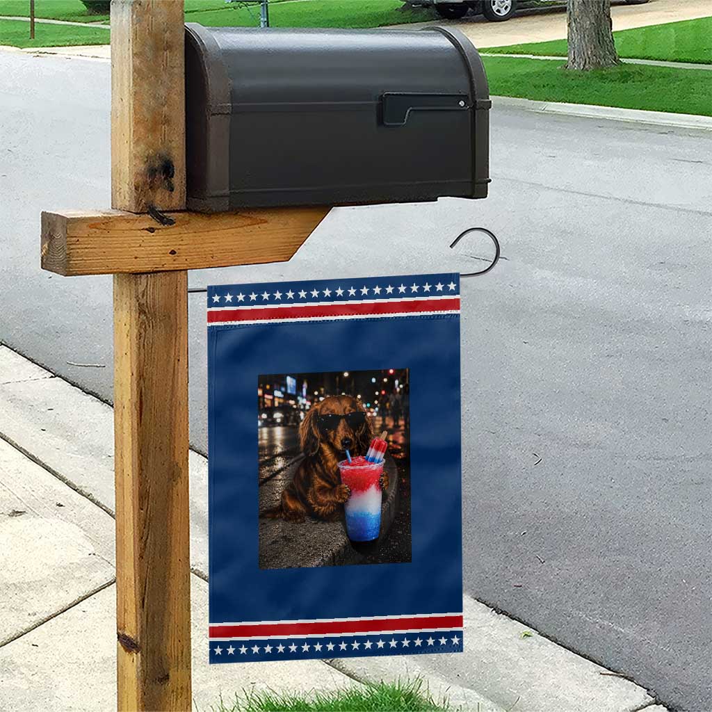 4th Of July Dachshund Drinking Slushie Patriotic Garden Flag 250 Anniversary USA Dog Lovers Funny Meme