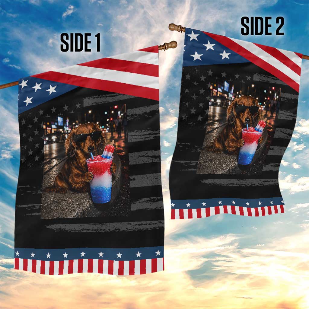 4th Of July Dachshund Drinking Slushie Patriotic Garden Flag 250 Anniversary USA Dog Lovers Funny Meme