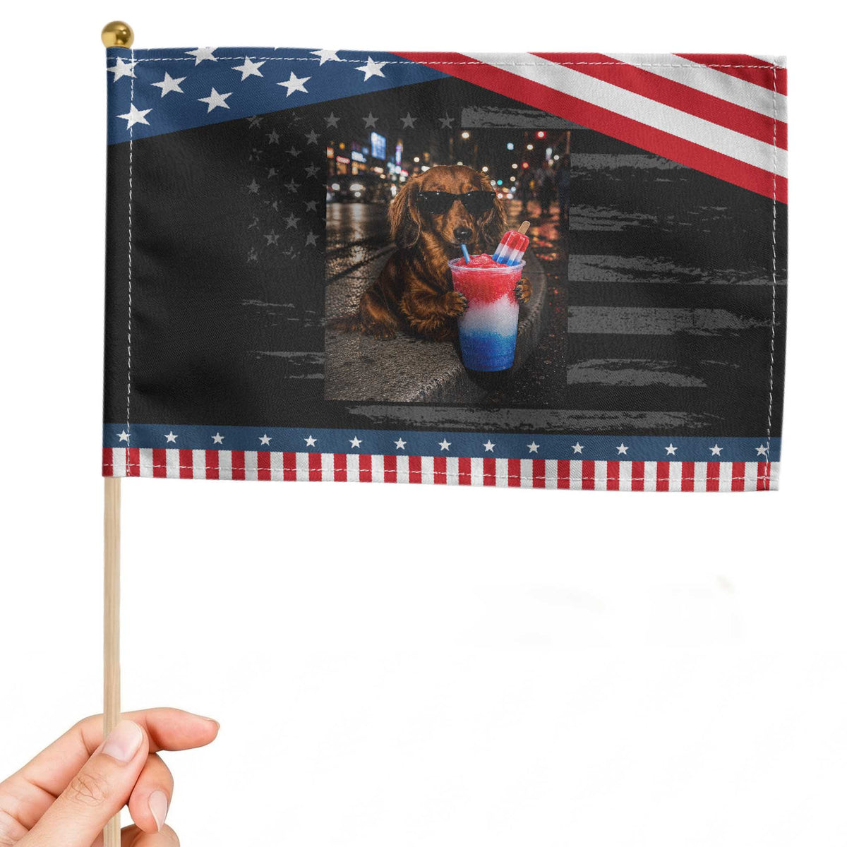 4th Of July Dachshund Drinking Slushie Patriotic Handheld Flag 250 Anniversary USA Dog Lovers Funny Meme